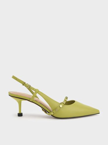 Leather Embellished Slingback Pumps, Green, hi-res