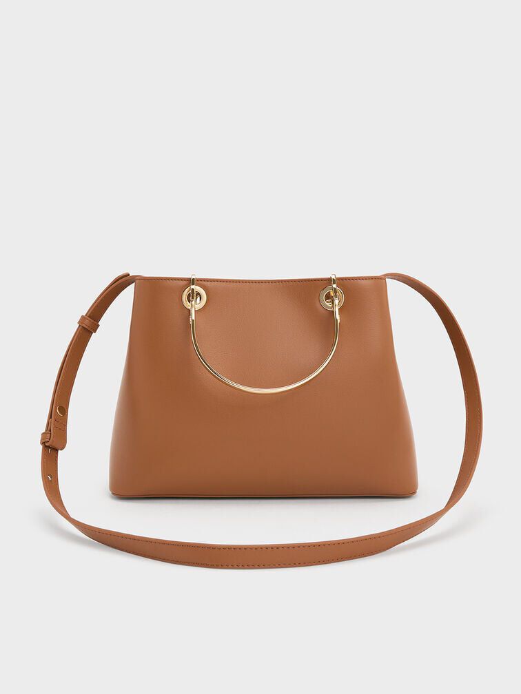 Leather Ring-Handle Bag, Cognac, hi-res