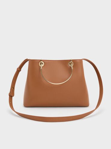 Leather Ring-Handle Bag, Cognac, hi-res