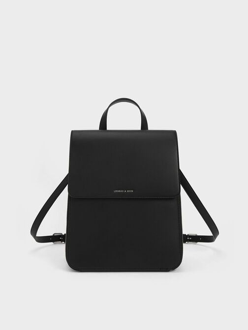 Front Flap Structured Backpack, Noir, hi-res