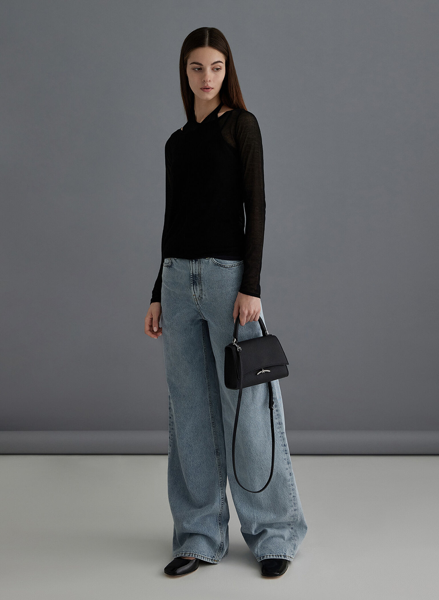 Bolso Huxley metalizado con asa superior y cierre de presión, Noir, hi-res