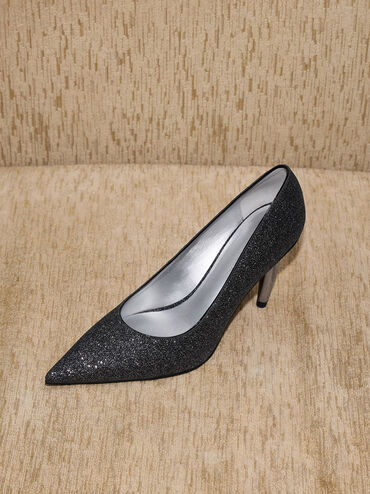 Glittered Cone-Heel Pointed-Toe Pumps, Black Textured, hi-res