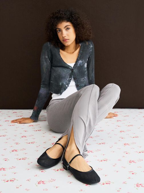 Gertrude Mesh Mary Jane Flats, Black Textured, hi-res