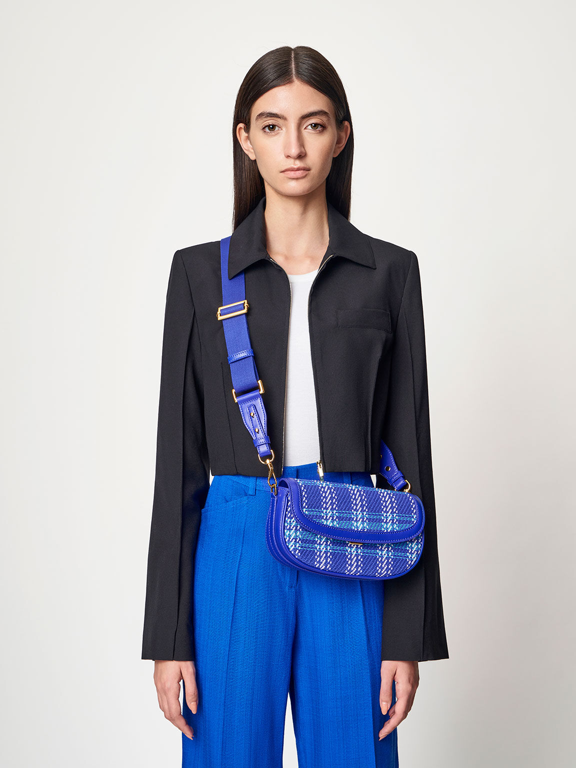 Bolso con asa de cadena curvada de tweed Lillie, Azul cobalto, hi-res