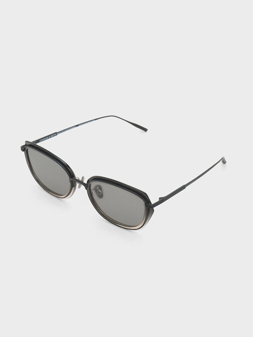 Metallic Rim Geometric-Frame Sunglasses, Black, hi-res