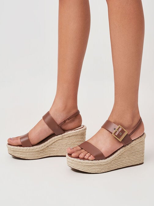 Buckled Espadrille Wedges, Brown, hi-res