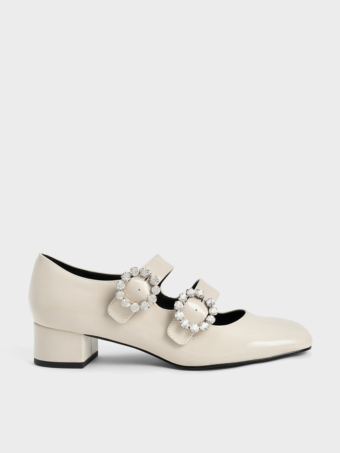 Embellished Buckle Patent Mary Janes, Chalk, hi-res