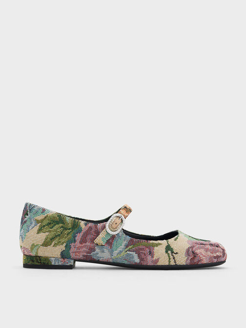 Floral-Embroidered Pearl-Buckle Mary Janes, Multi, hi-res