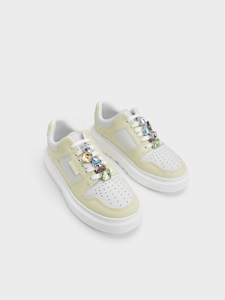 Gem-Embellished Platform Sneakers, Mint Green, hi-res