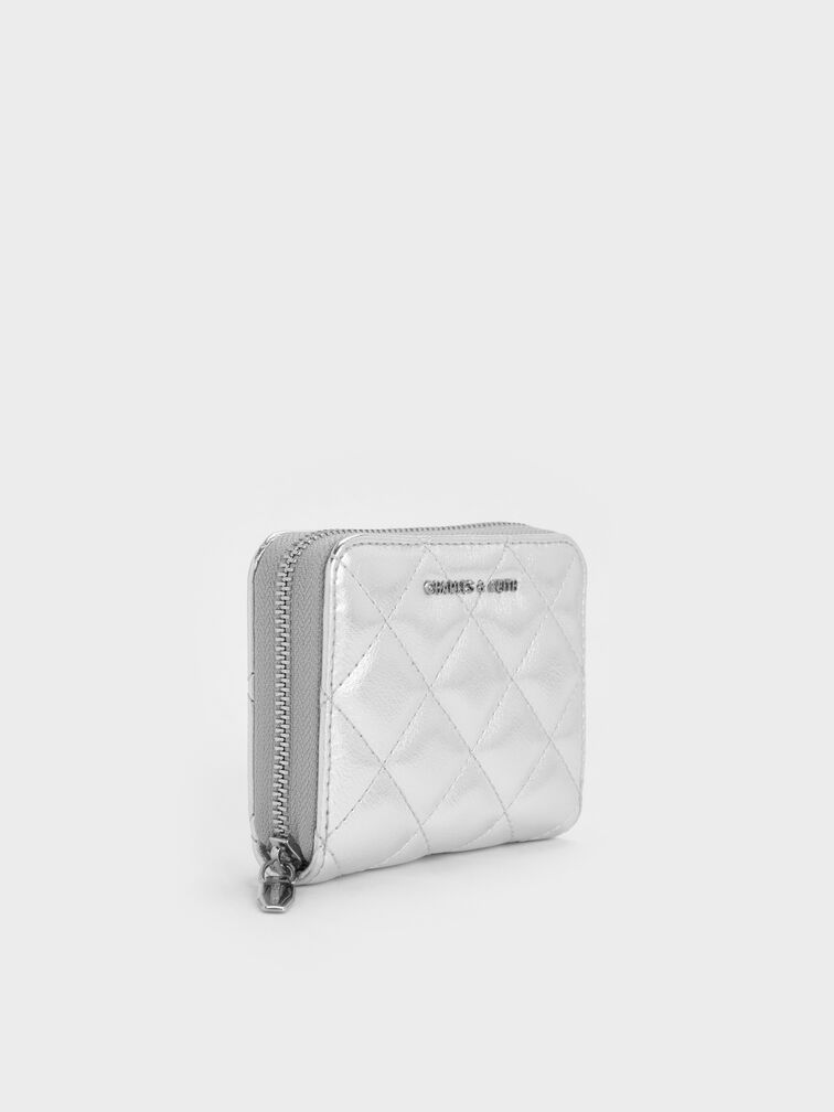 Alva Metallic Quilted Zip-Around Wallet, Silver, hi-res