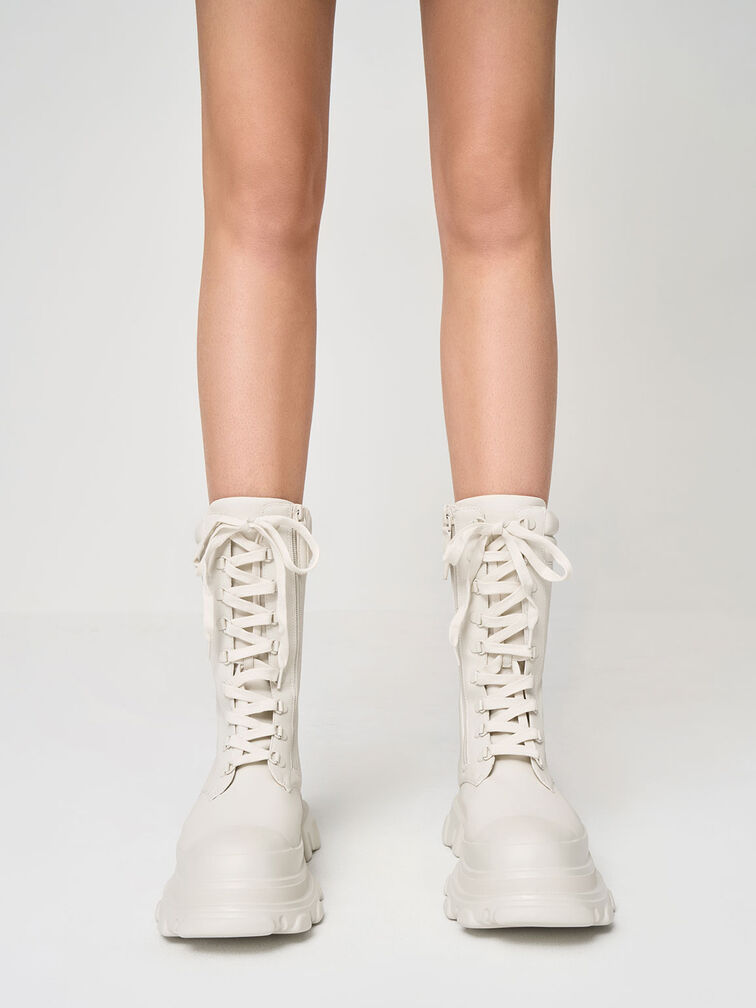 Chunky Sole Padded Combat Boots, Chalk, hi-res