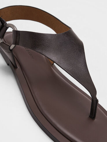 Wide-Strap Buckled Thong Sandals, Brown, hi-res
