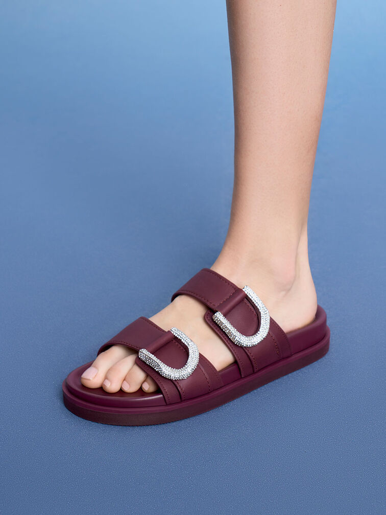 Gem-Embellished Gabine Slides, Maroon, hi-res