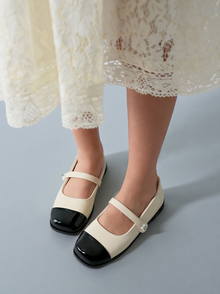 Girls' Patent Cap-Toe Mary Janes, Chalk, hi-res