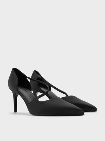 Zapatos de tacón de aguja D'Orsay de satén con tiras asimétricas, Negro texturizado, hi-res