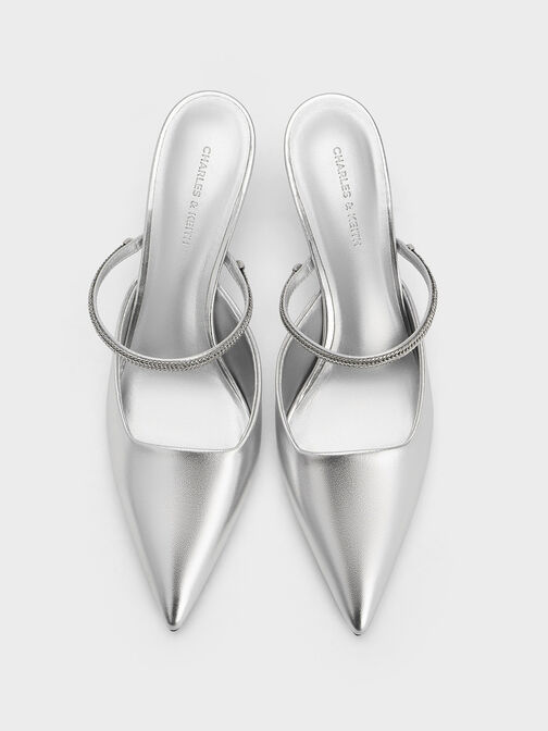 Metallic Braided-Strap Pointed-Toe Mules, Silver, hi-res