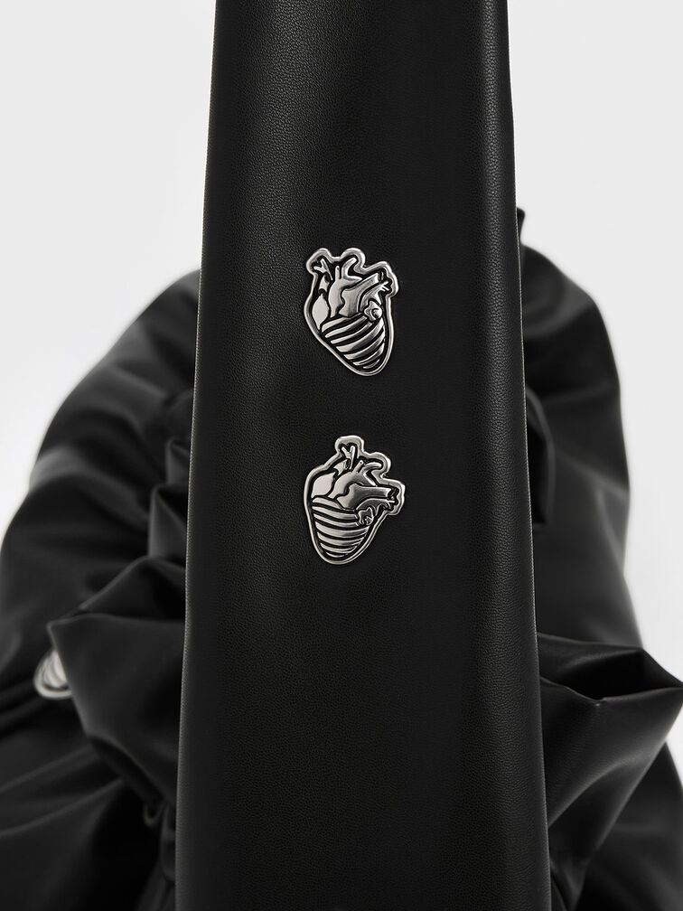 Illustrated Heart Charm Ruched Hobo Bag, Black, hi-res