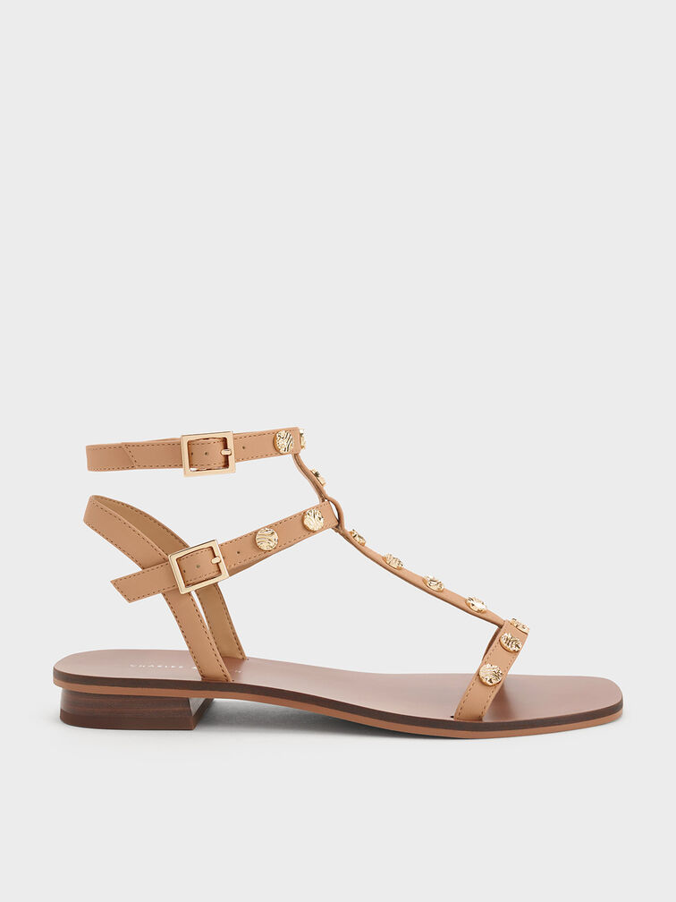 Camel Studded Gladiator Sandals - CHARLES & KEITH SG