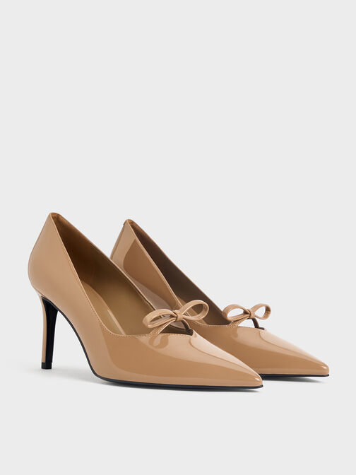 Patent Bow Pointed-Toe Stiletto-Heel Pumps, Caramel, hi-res
