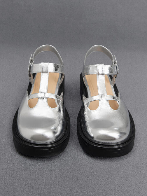 Leather Metallic Cut-Out T-Bar Sandals, Silver, hi-res