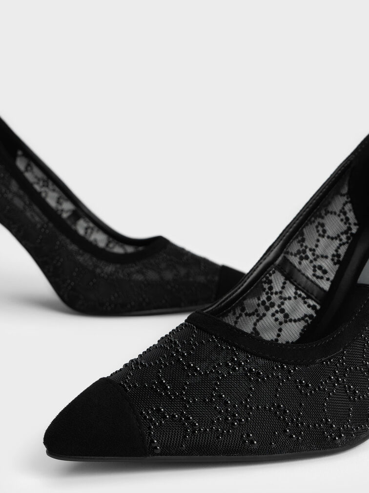 Bead-Embellished Mesh Pumps, Black, hi-res