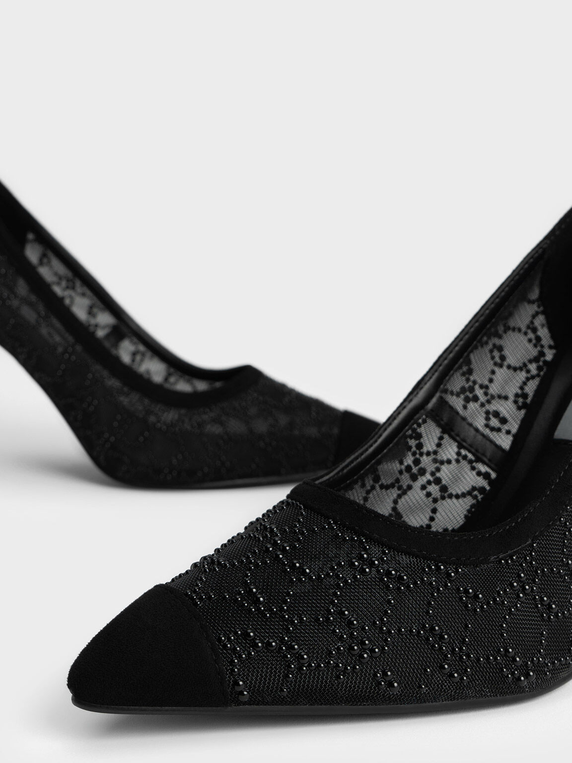 Bead-Embellished Mesh Pumps, Black, hi-res