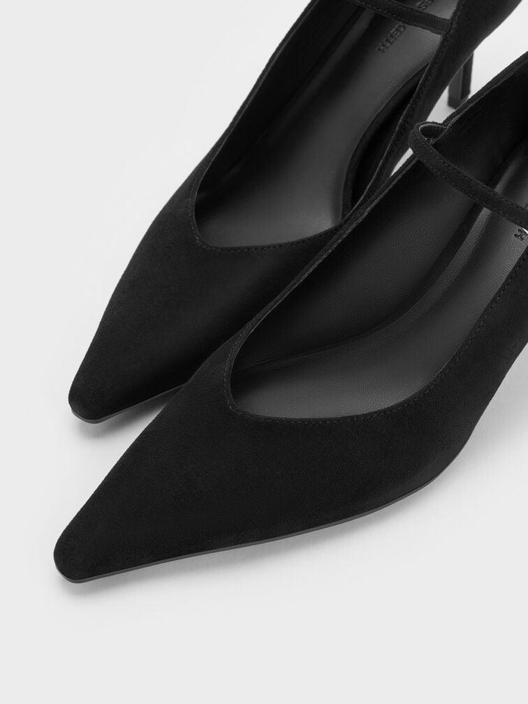 Faux Suede Pointed-Toe Stiletto-Heel Mary Jane Pumps, Black Textured, hi-res