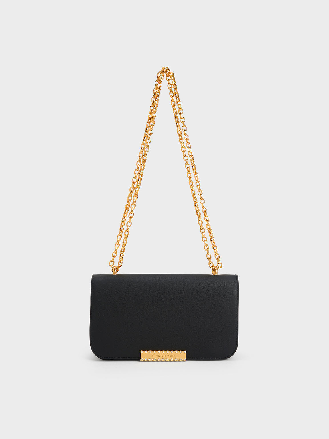 Leather Chain Strap Bag, Black, hi-res