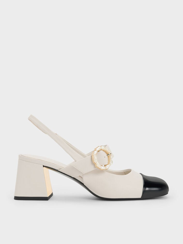 Multicoloured Patent Two-Tone Pearl Buckle Slingback Pumps | CHARLES & KEITH