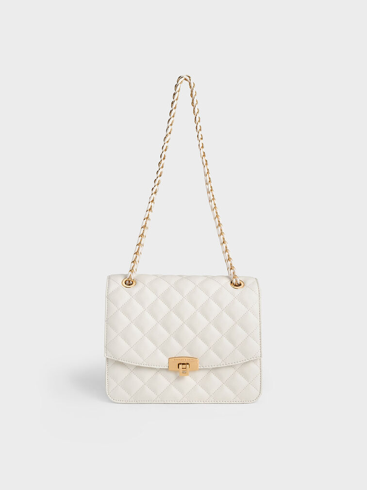 Quilted Chain Strap Clutch, Cream, hi-res