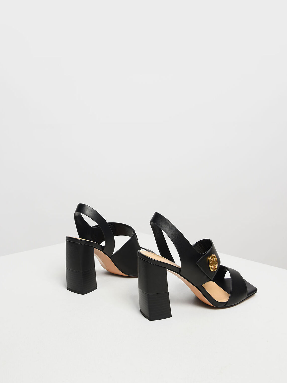 Asymmetrical Chunky Heel Sandals, Black, hi-res