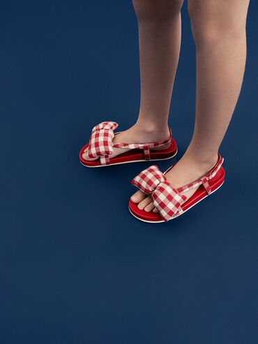 Girls' Checkered Puffy Bow Sandals, Red, hi-res