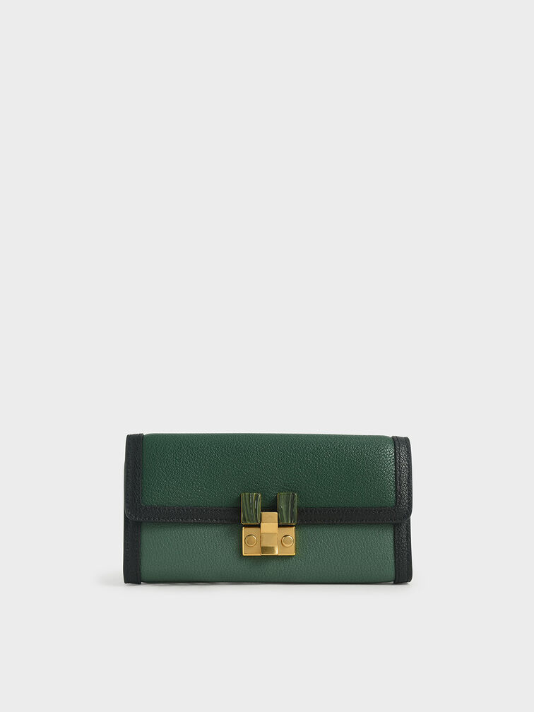 Stone-Embellished Mini Long Wallet, Green, hi-res
