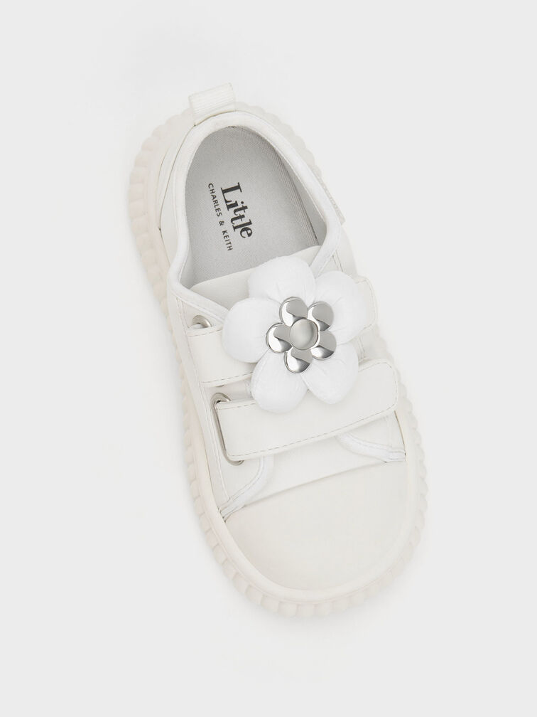 Girls' Puffy Flower Sneakers, White, hi-res