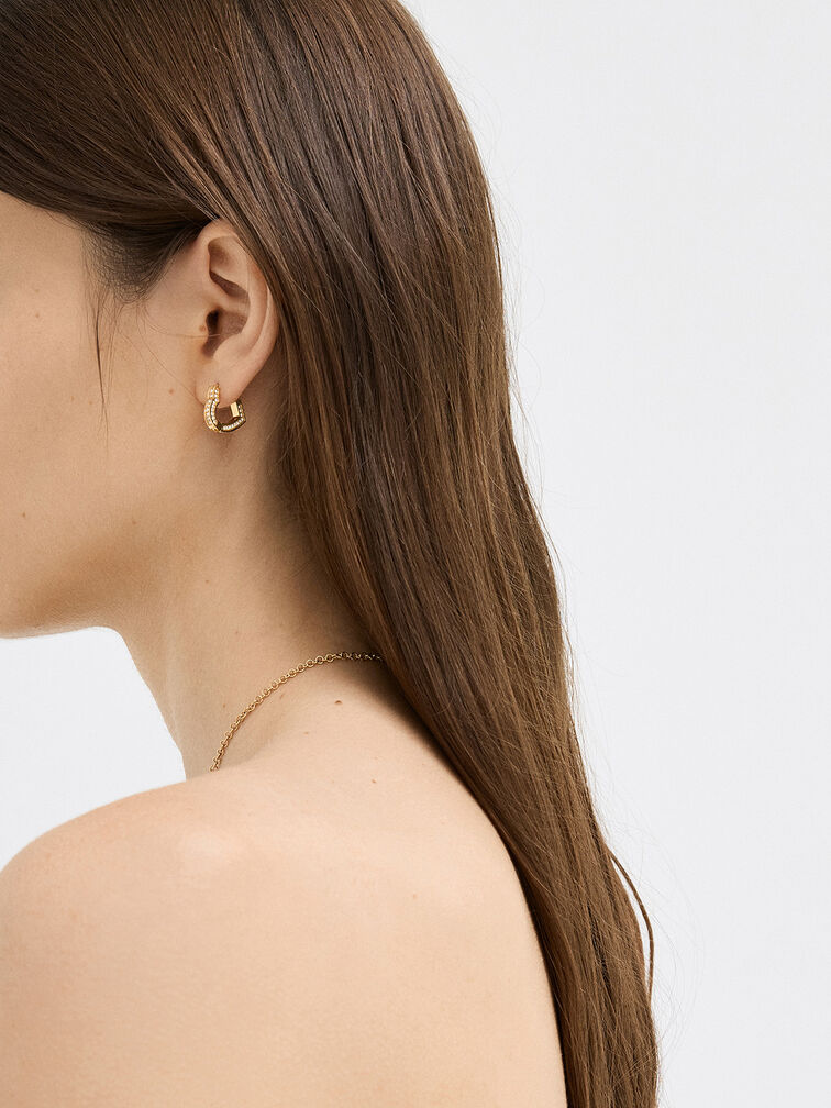 Malorie Crystal Heart Hoop Earrings, Gold, hi-res