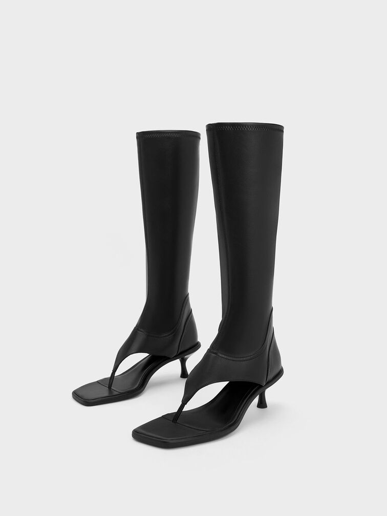 Kitten Heel Thong Knee-High Boots, Black, hi-res