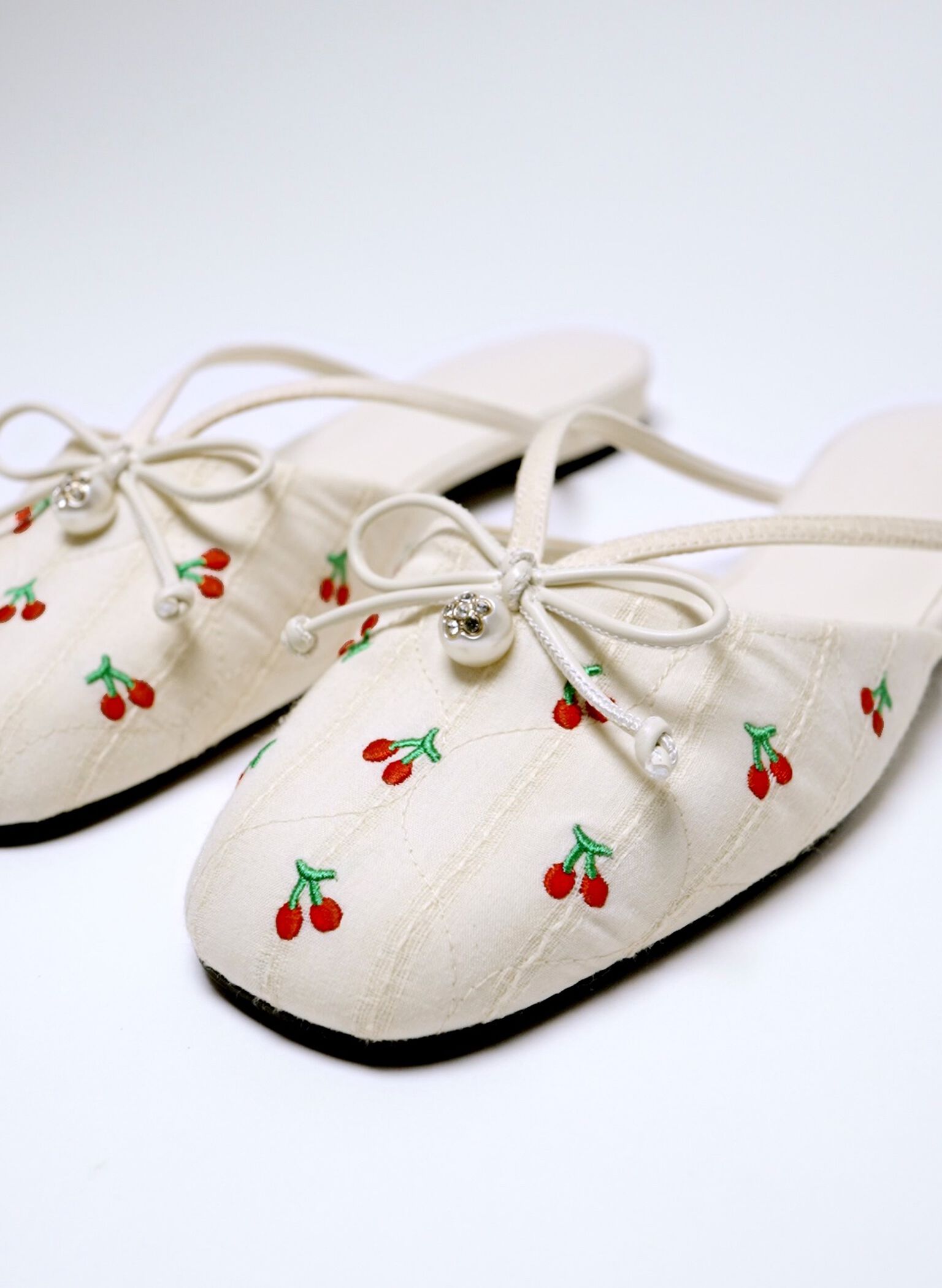 Cherry-Print Pearl-Accent Bow Flat Mules, Multi, hi-res