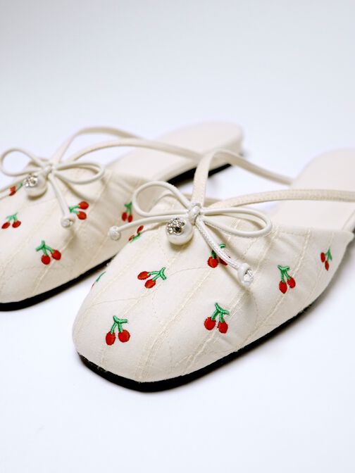 Cherry-Print Pearl-Accent Bow Flat Mules, Multicolor, hi-res