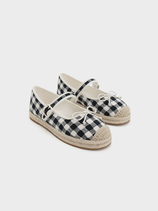 Girls' Gingham Bow Espadrilles, Black, hi-res