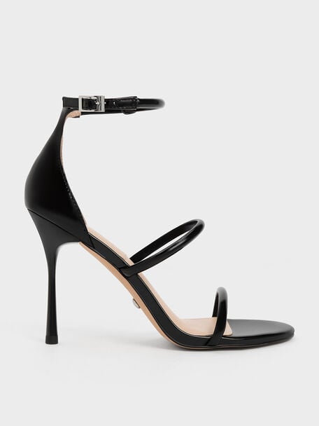 Patent Leather Triple Strap Heeled Sandals, Black Patent, hi-res