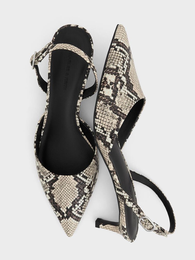 Snake-Print Pointed-Toe Slingback Kitten Heels, Animal Print Natural, hi-res
