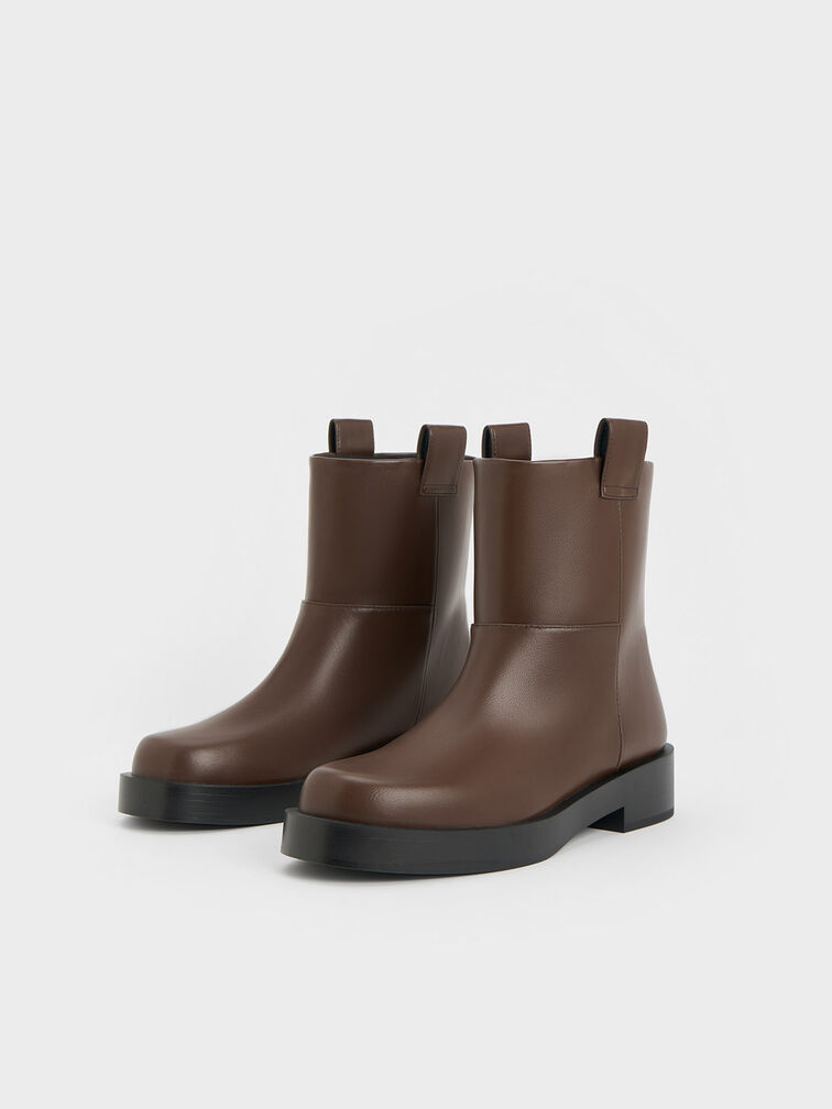 Double Pull-Tab Ankle Boots, Dark Brown, hi-res