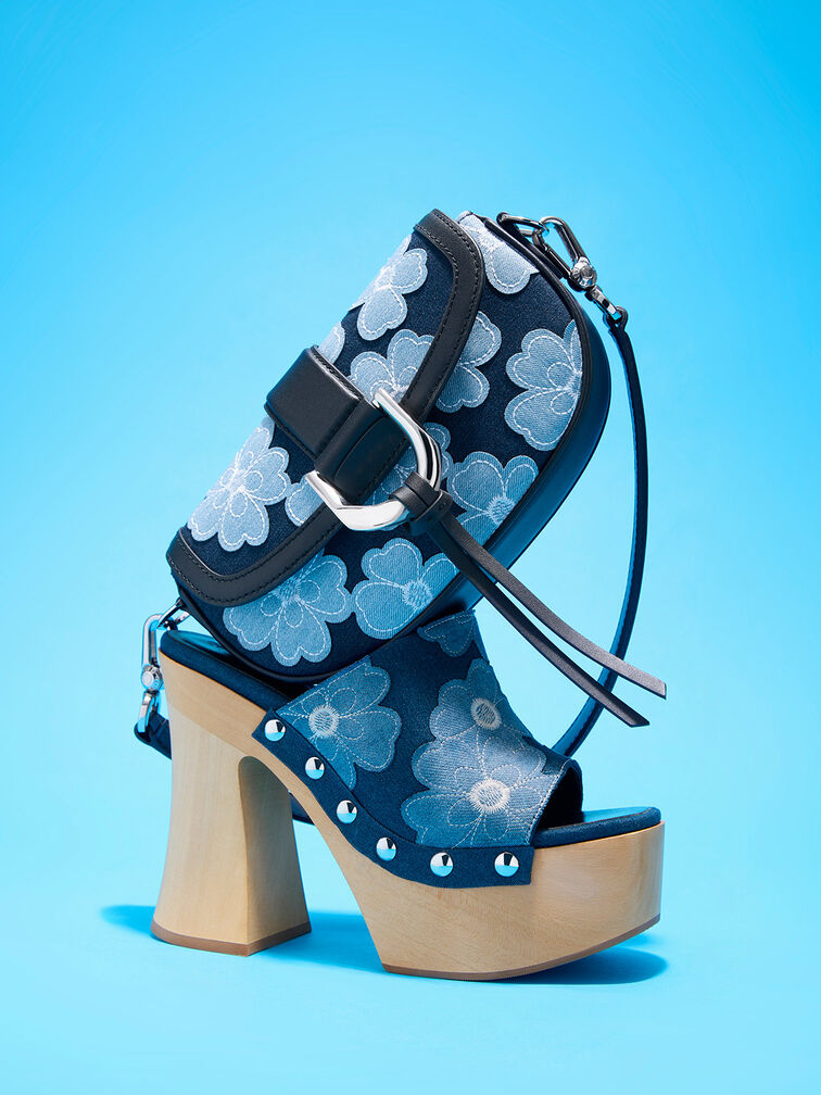 Blue Girls' Flower-Embellished Denim Check-Print Sneakers - CHARLES & KEITH  US