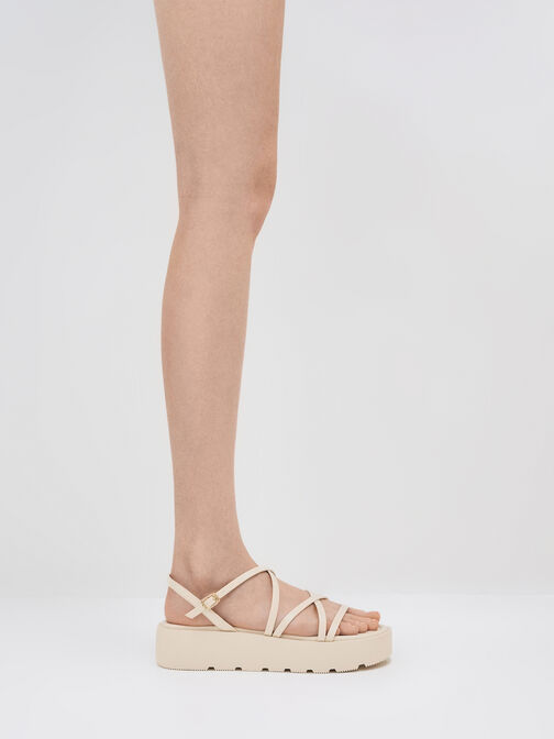 Strappy Ridged-Sole Flatform Sandals, Chalk, hi-res