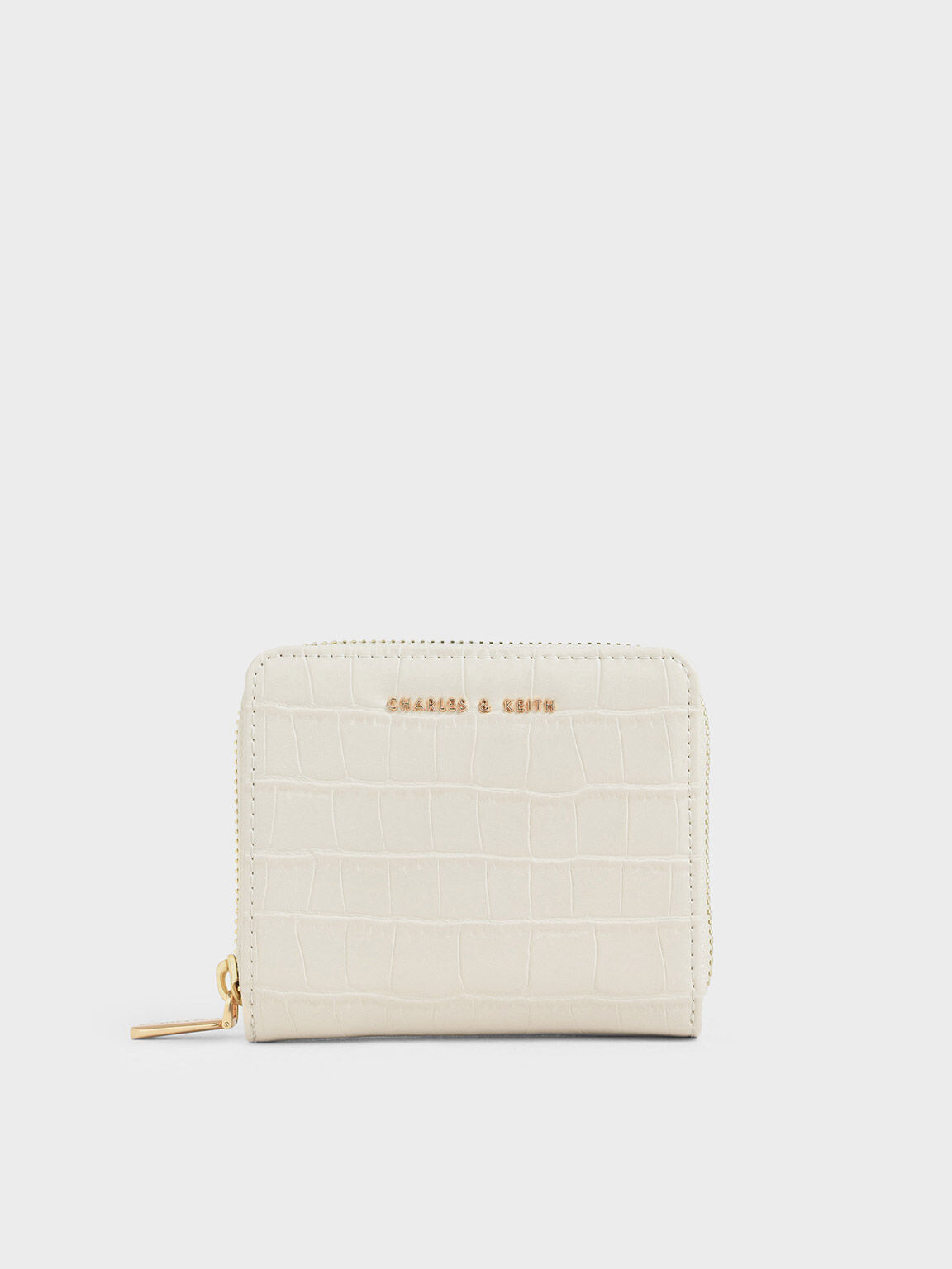 Croc-Effect Small Zip-Around Wallet, Cream, hi-res