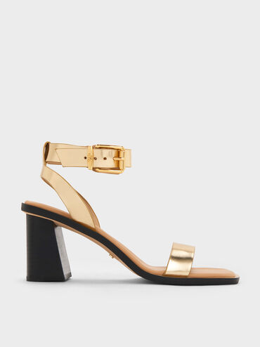 Metallic Leather Ankle-Strap Block-Heel Sandals, Dorado, hi-res