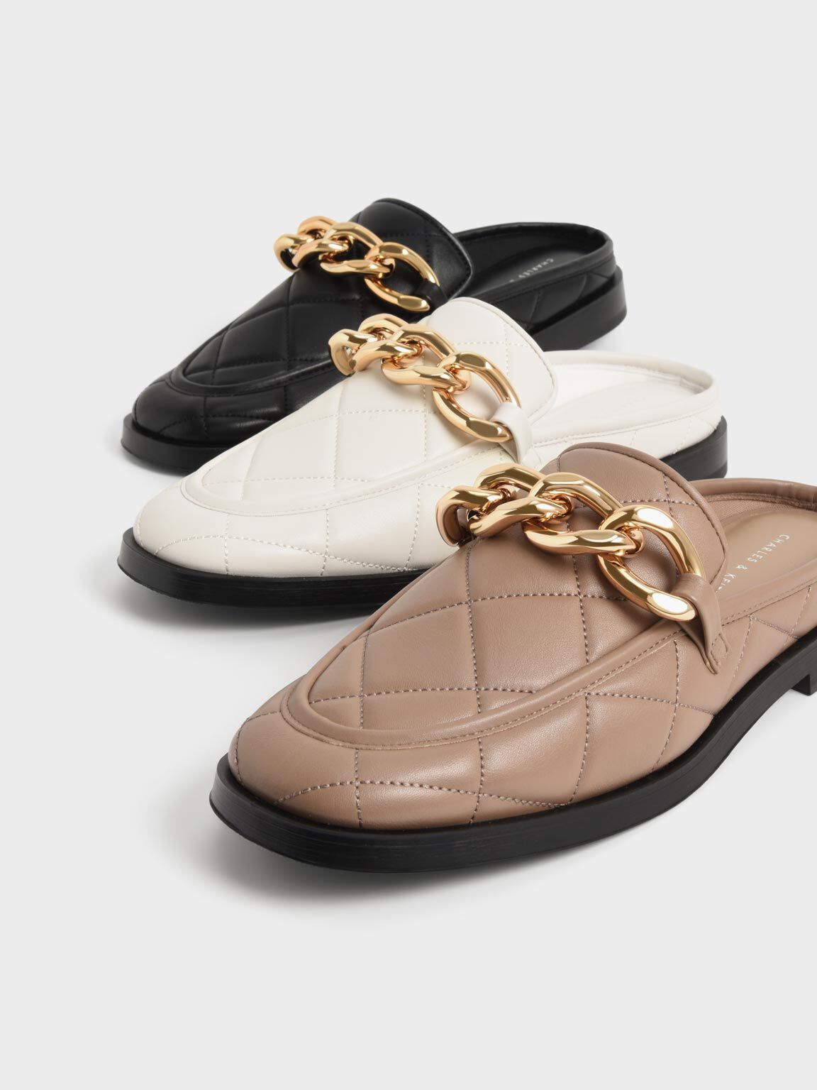 Quilted Chain Loafer Mules, Chalk, hi-res