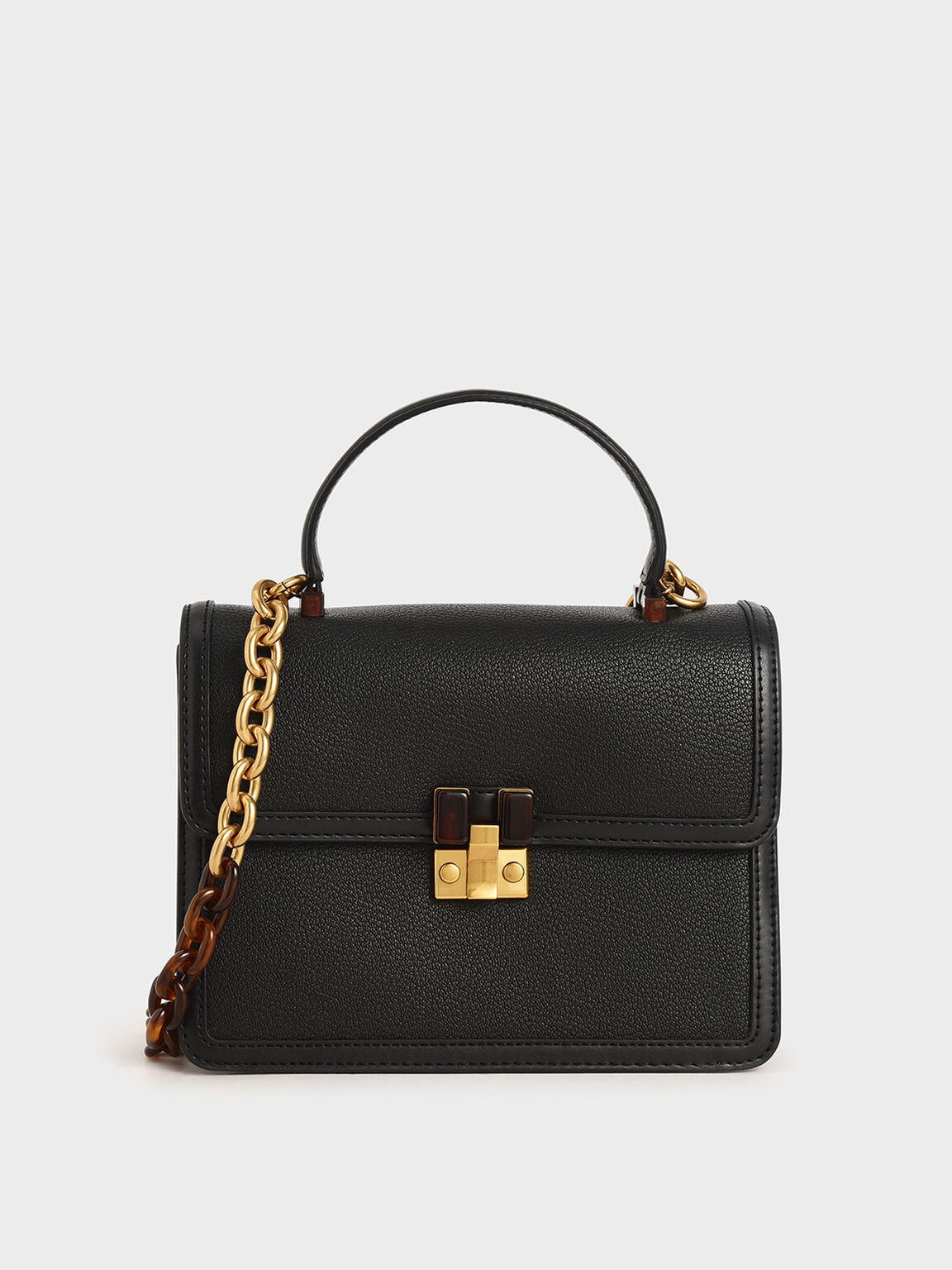 拼接扣環中型提包, 黑色, hi-res