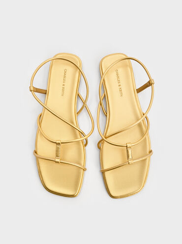 Square-Toe Strappy Sandals, Gold, hi-res