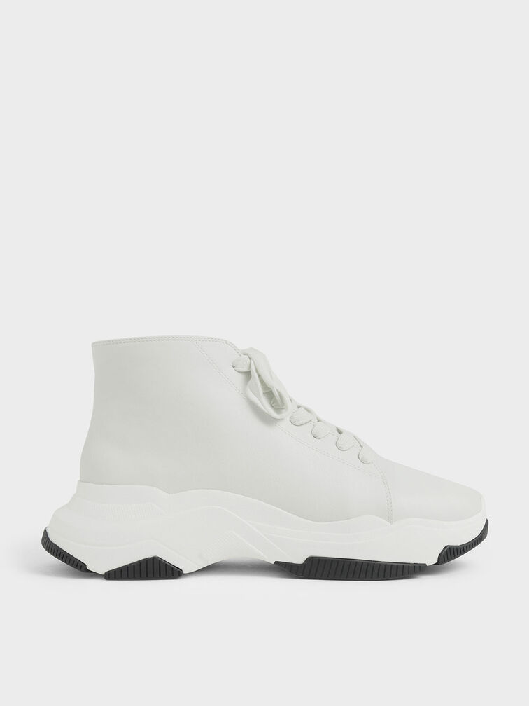 Lace-Up Chunky High Top Sneakers, White, hi-res
